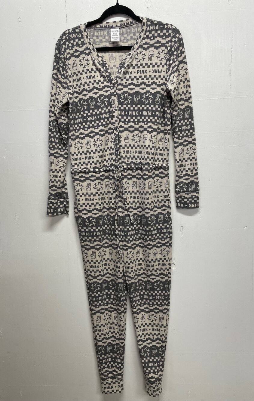 PINK Victoria's Secret 1 One Piece Pajamas Women's Size Medium Gray & Cream Pjs